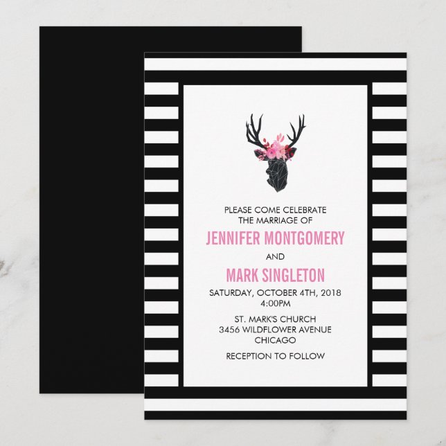 Geometric Deer Head with  Floral Crown Wedding Invitation (Front/Back)