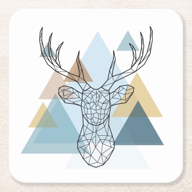 Geometric Deer Portrait Square Paper Coaster (Front)