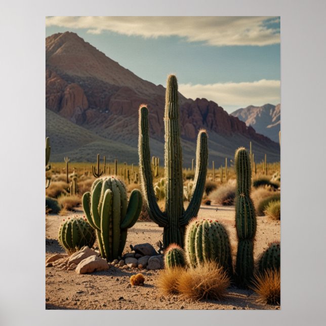 Geometric Desert Cactus Landscape Poster (Front)