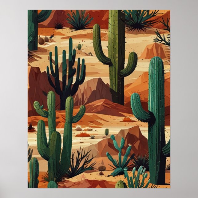 Geometric Desert Cactus Landscape Poster (Front)