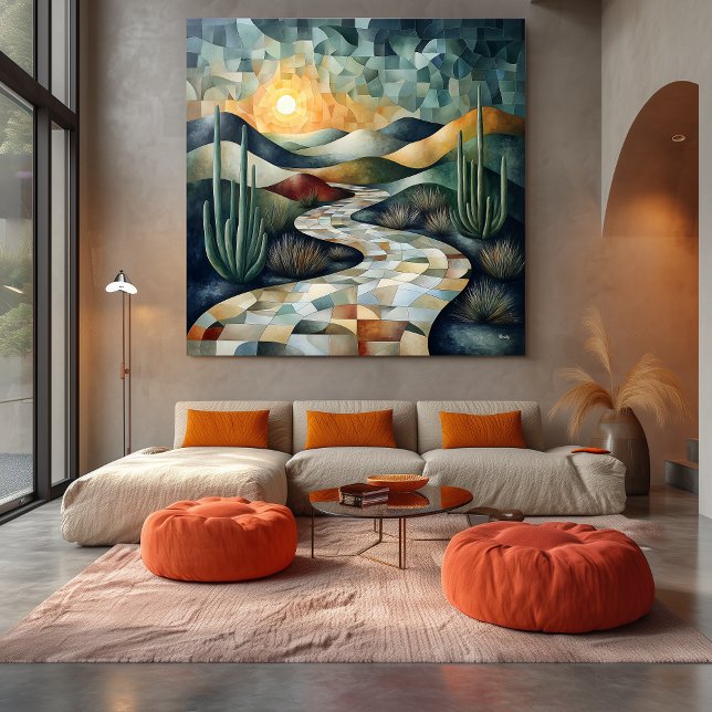 Geometric Desert Landscape with Cactus and Sunlit  Canvas Print (Creator Uploaded)