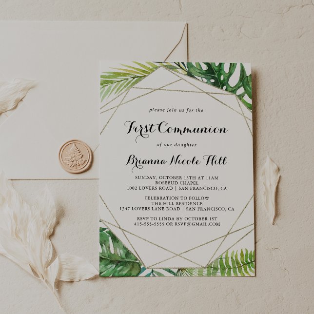 Geometric Destination Tropical First Communion Invitation (Creator Uploaded)