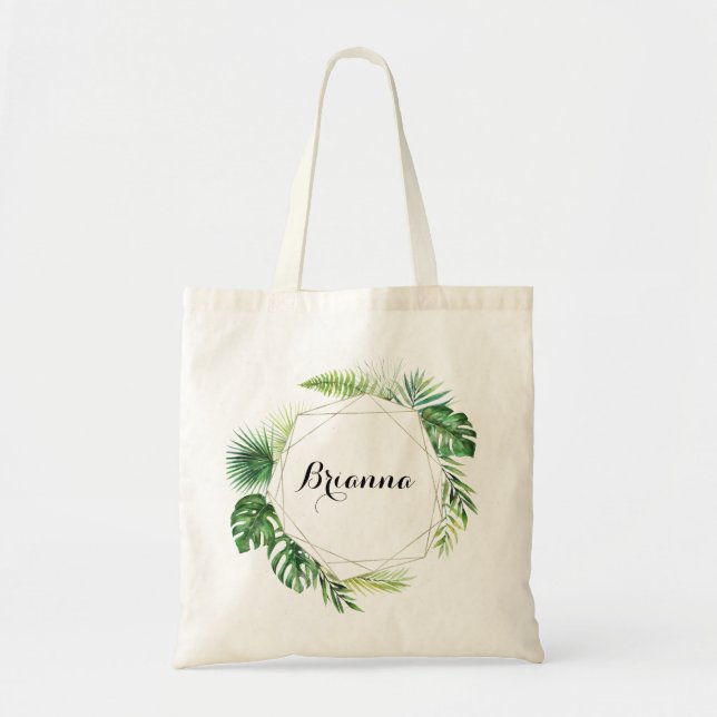 Geometric Destination Tropical Green Bridesmaid Tote Bag (Front)