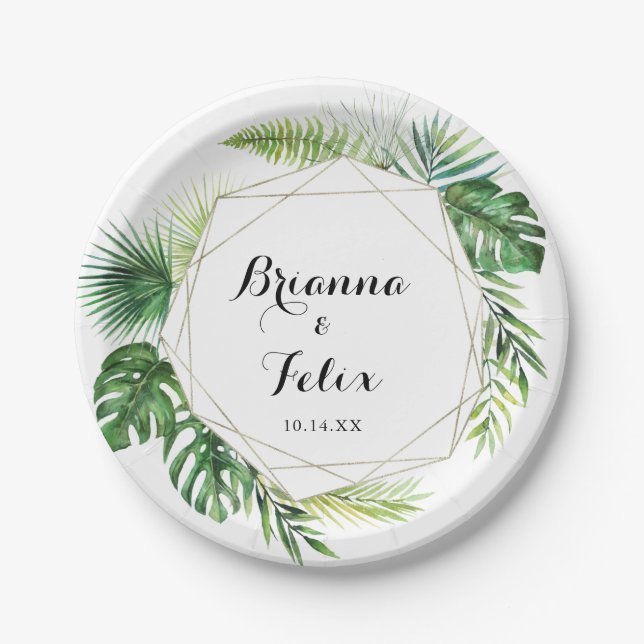 Geometric Destination Tropical Green Wedding Cake Paper Plate (Front)