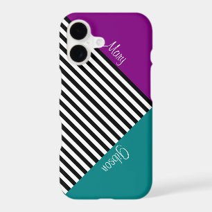 Geometric Diagonal Purple Teal Black White Striped