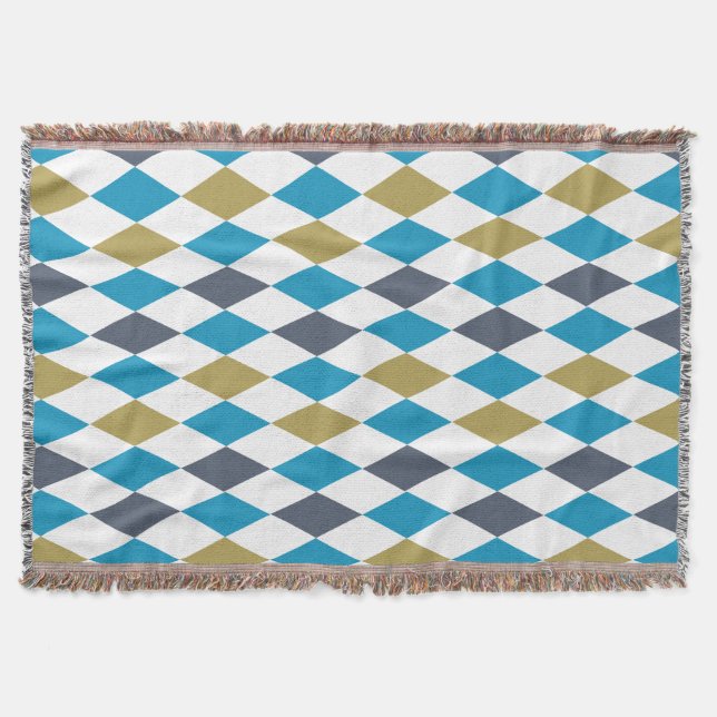 Geometric diamond Blue Green Modern Harlequin Throw Blanket (Front)