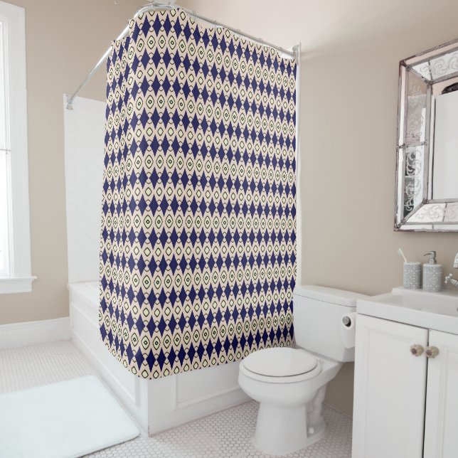 Geometric Diamond Pattern in Navy Blue & Beige Shower Curtain (In Situ)