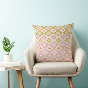 Geometric Diamond Pattern in Pink and Olive Green Cushion