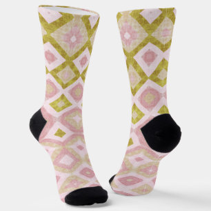 Geometric Diamond Pattern in Pink and Olive Green Socks