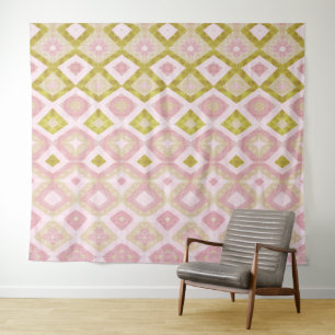 Geometric Diamond Pattern in Pink and Olive Green Tapestry