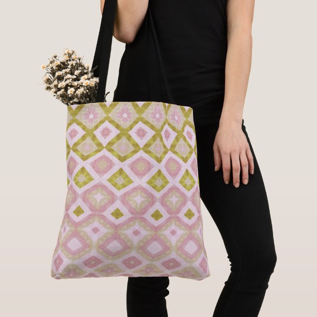 Geometric Diamond Pattern in Pink and Olive Green Tote Bag (Close Up)