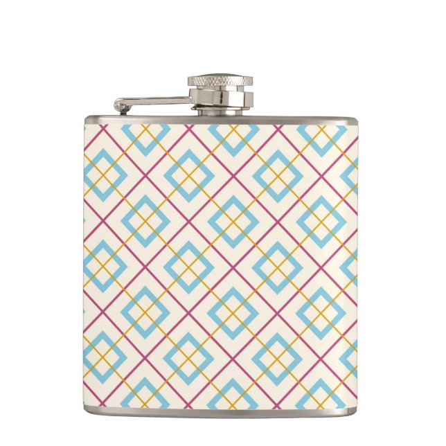 Geometric Diamond Pattern Pastel Pink and Blue Hip Flask (Front)