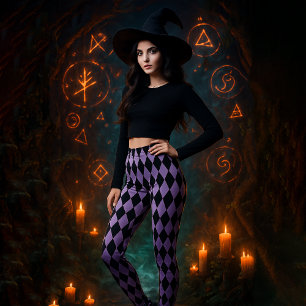 Geometric Diamond Patterned Black Purple Halloween Leggings