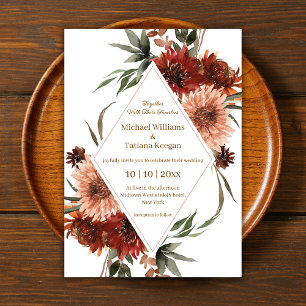 Geometric Diamond Terracotta Fall Floral Wedding Invitation