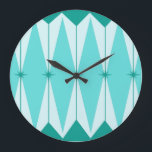 Geometric Diamonds & Starbursts Round Wall Clock<br><div class="desc">This Geometric Diamonds & Starbursts Acrylic Round Wall Clock has all of the kitschy charm of something that is kitschy and charming. The vintage inspired design features a mod, peacock blue background with light blue, elongated hexagons, layered with turquoise diamonds, and peacock blue starbursts. It’s a kaleidoscope of retro goodness!...</div>