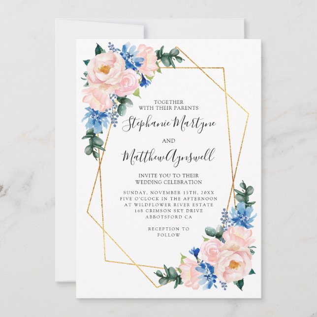 Geometric Dusty Blue Blush Pink Floral Wedding Invitation (Front)