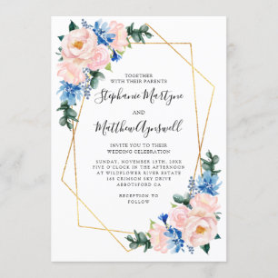 Geometric Dusty Blue Blush Pink Floral Wedding Invitation