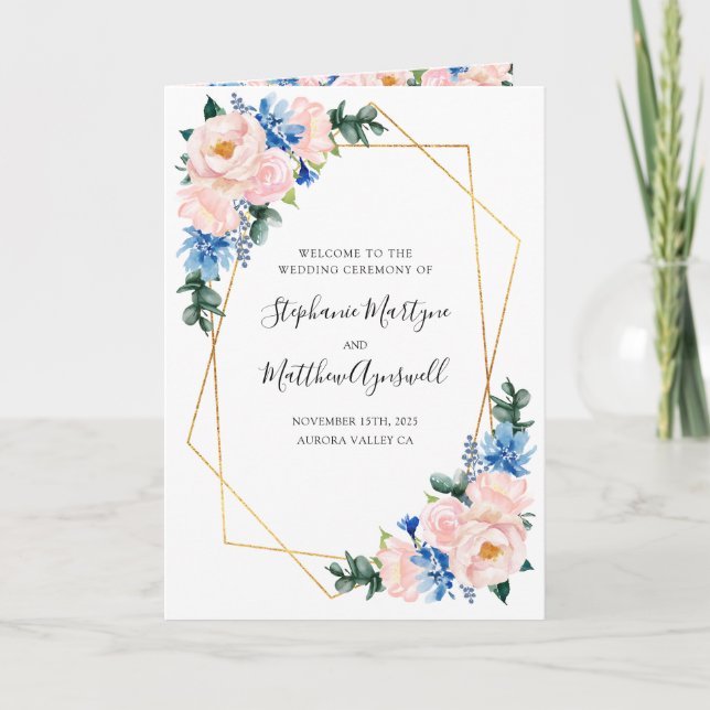 Geometric Dusty Blue Blush Pink Floral Wedding Programme (Front)
