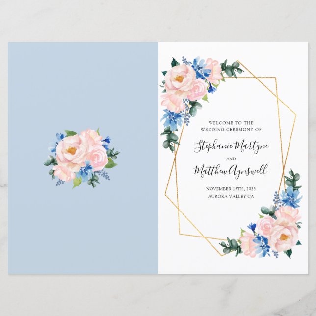 Geometric Dusty Blue Blush Pink Order of Service (Front)