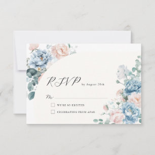 Geometric Dusty Blue Peach Floral Wedding RSVP Card