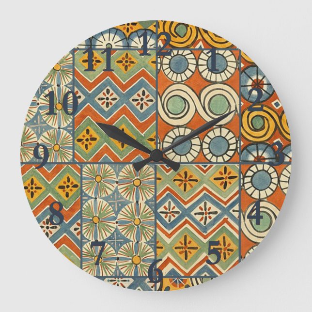 Geometric Egyptian Pattern Tiles Large Clock (Front)