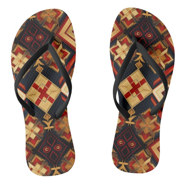 Geometric Elegance Seamless Pattern Red Gold Black Flip Flops (Footbed)