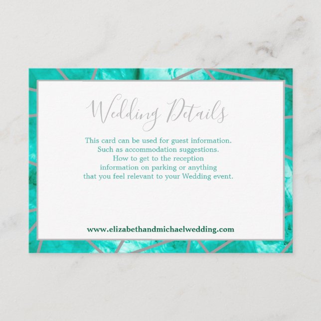 Geometric Elegant Aqua Blue Silver Wedding Details Enclosure Card (Front)