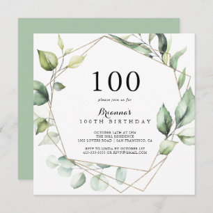 Geometric Elegant Gold Green 100th Birthday Party Invitation