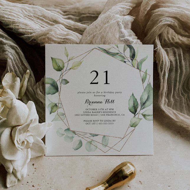 Geometric Elegant Gold Green 21st Birthday Party Invitation (Creator Uploaded)