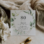 Geometric Elegant Gold Green 80th Birthday Party Invitation<br><div class="desc">This geometric elegant gold green 80th birthday party invitation is perfect for a simple birthday party. The design features hand-painted botanical green eucalyptus leaves,  adorning a gold geometric frame.</div>