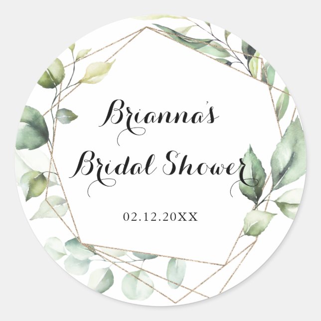 Geometric Elegant Gold Green Bridal Shower Favour Classic Round Sticker (Front)