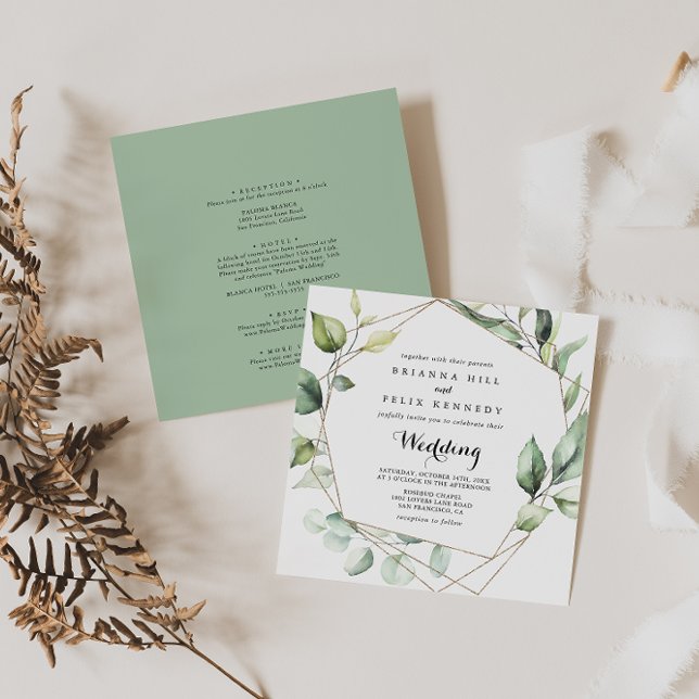 Geometric Elegant Gold Green Front & Back Wedding Invitation (Creator Uploaded)