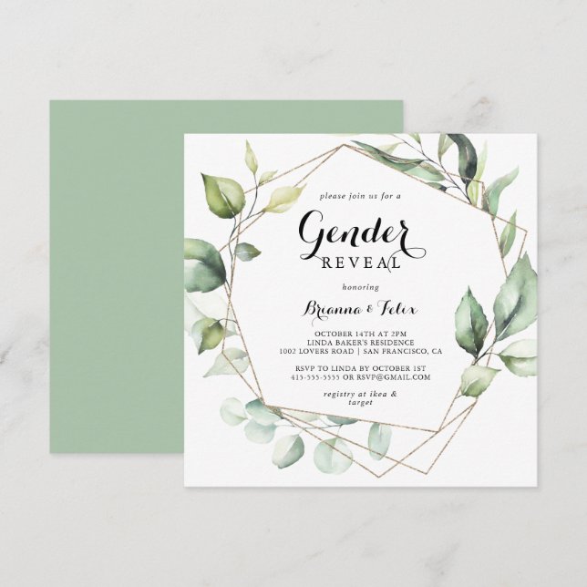 Geometric Elegant Gold Green Gender Reveal Party Invitation (Front/Back)