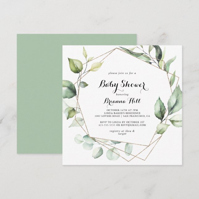 Geometric Elegant Gold Greenery Baby Shower Invitation (Front/Back)