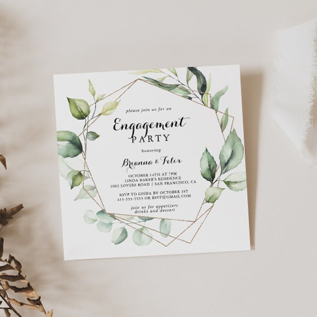 Geometric Elegant Gold Greenery Engagement Party Invitation (Creator Uploaded)