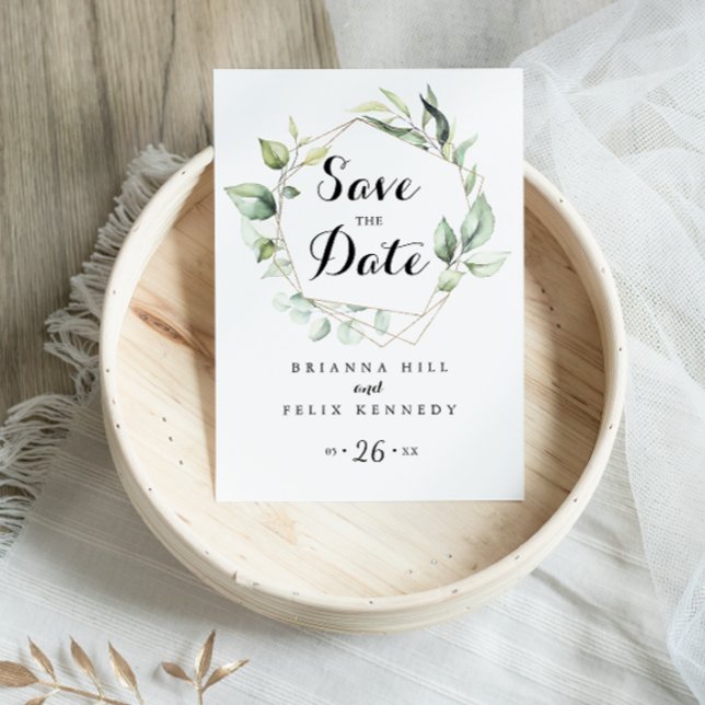 Geometric Elegant Gold Greenery Save the Date Postcard (Creator Uploaded)