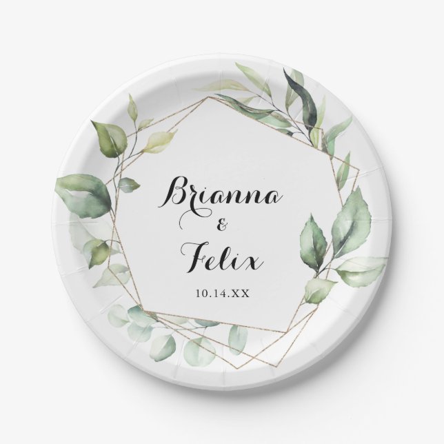 Geometric Elegant Gold Greenery Wedding Cake Paper Plate (Front)