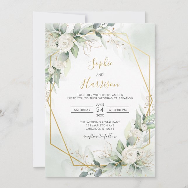 Geometric Elegant Sage and Gold Greenery Wedding Invitation (Front)