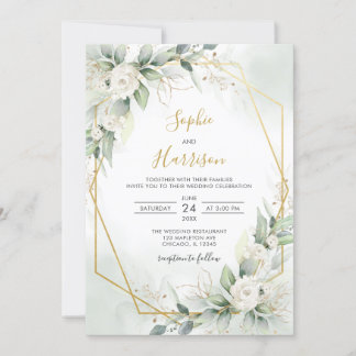 Geometric Elegant Sage and Gold Greenery Wedding Invitation