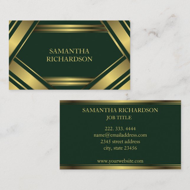  Geometric Emerald And Gold Stripes Professional Business Card (Front/Back)