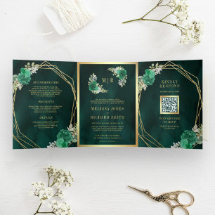Geometric Emerald Green Floral QR Code Wedding Tri-Fold Invitation