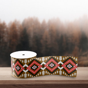 Geometric Ethnic Tribal Native Red Brown Pattern Grosgrain Ribbon