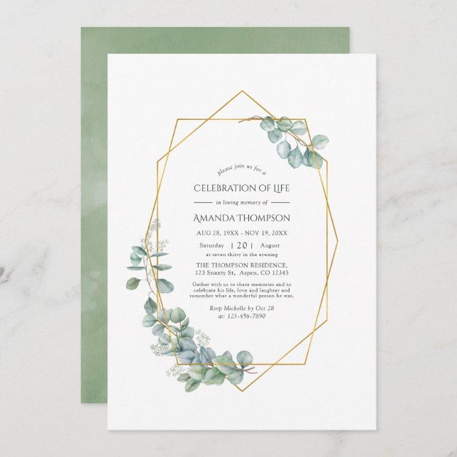 Geometric Eucalyptus Celebration of Life Photo Invitation (Front/Back)