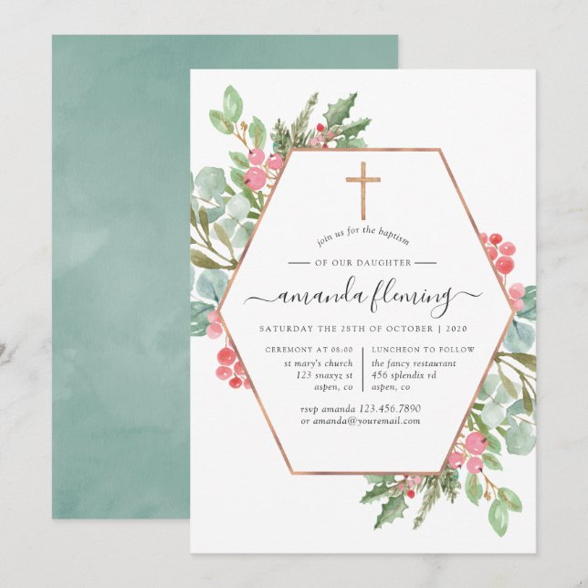 Geometric Eucalyptus Christmas Baptism/Christening Invitation (Front/Back)