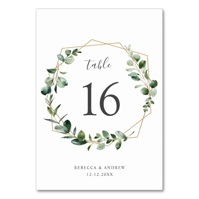 Geometric Eucalyptus Greenery Table Numbers Card (Front)