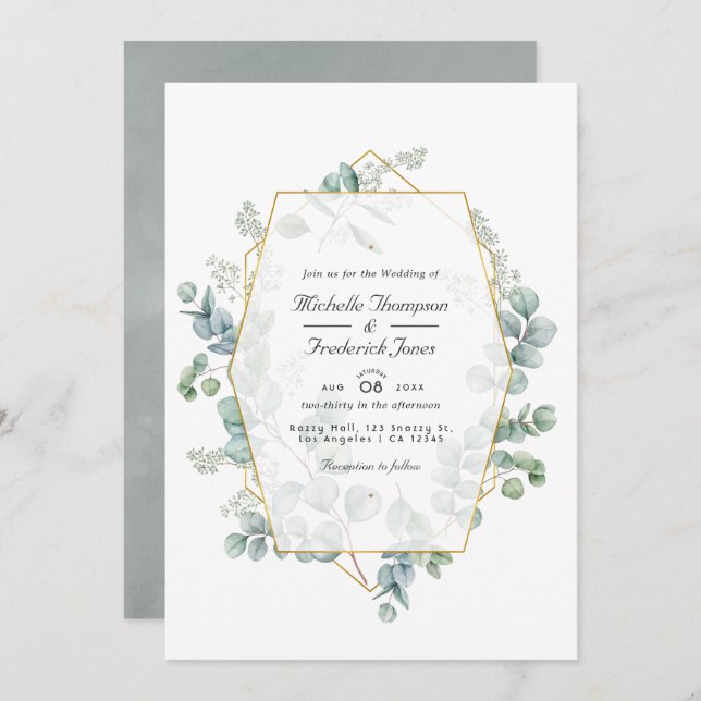 Geometric Eucalyptus QR Code RSVP Garden Wedding Invitation (Front/Back)