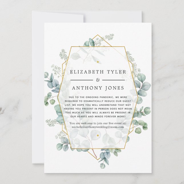 Geometric Eucalyptus Reduced Wedding Guest List Announcement (Front)