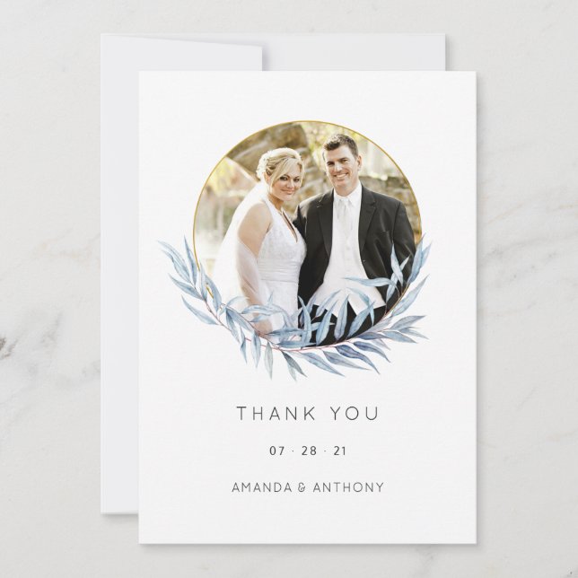 Geometric Eucalyptus Wedding Photo Collage Thank You Card (Front)