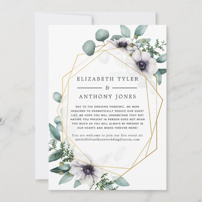 Geometric Eucalyptus Wedding Reduced Guest List Announcement (Front)