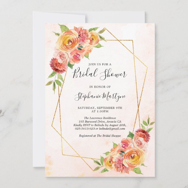 Geometric Fall Floral Watercolor Bridal Shower Invitation (Front)